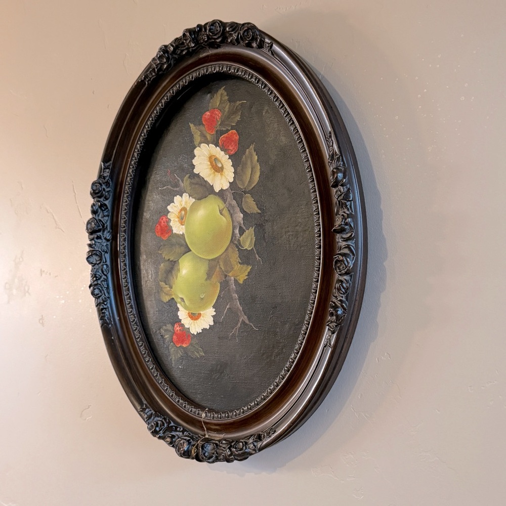 Vintage Ornate Oval Framed Original Oil Painting Apple Strawberry Fruit Floral - Picture 8 of 17